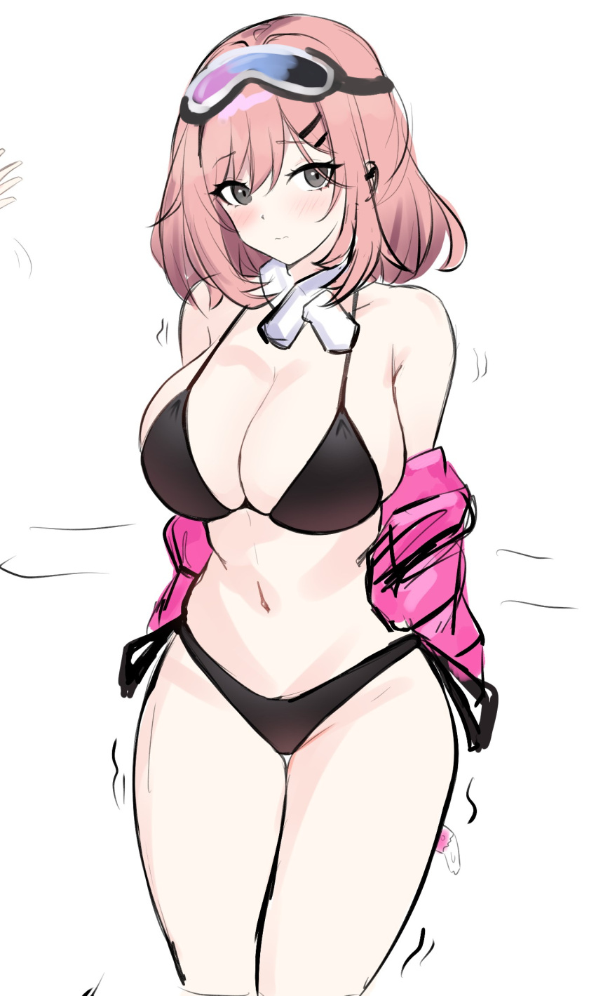 1girl arm_behind_back bikini black_bikini blue_archive blush breasts cleavage closed_mouth commentary cosplay cowboy_shot eimi_(blue_archive) eimi_(blue_archive)_(cosplay) eimi_(swimsuit)_(blue_archive) eyewear_on_head grey_eyes highres honkai_(series) honkai_impact_3rd jacket large_breasts looking_at_viewer medium_hair mini2chainz pink_hair pink_jacket simple_background solo swimsuit timido_cute white_background