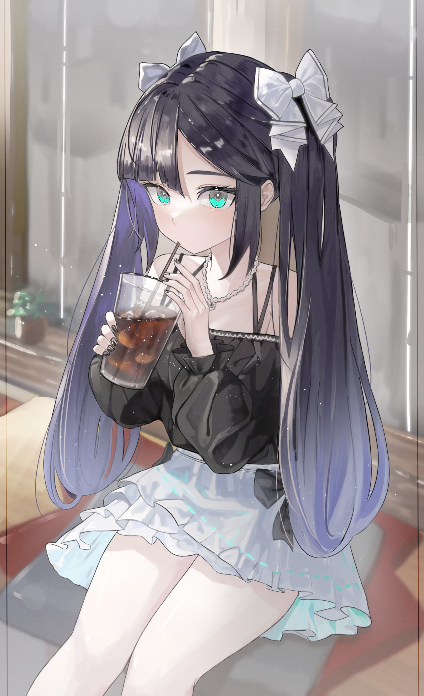 1girl absurdres achib alternate_costume aqua_eyes bare_shoulders black_nails black_shirt bow casual commentary cup disposable_cup drinking drinking_straw drinking_straw_in_mouth feet_out_of_frame genshin_impact hair_bow highres holding holding_cup ice jewelry long_hair long_sleeves looking_at_viewer mona_(genshin_impact) necklace off-shoulder_shirt off_shoulder pearl_necklace plant potted_plant purple_hair shirt sitting skirt solo twintails very_long_hair wariza white_bow white_skirt