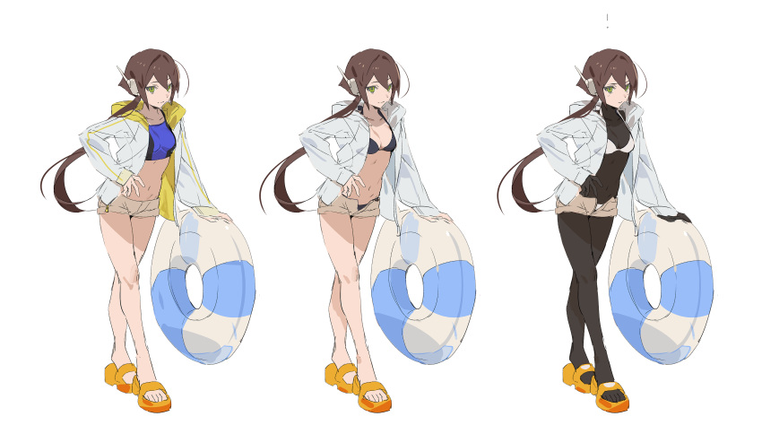 1girl absurdres aile_(mega_man_zx) bikini black_bikini black_bodysuit bodysuit breasts brown_hair green_eyes highres holding holding_innertube innertube jacket long_hair mayutsuba_mono medium_breasts mega_man_(series) mega_man_zx mega_man_zx_advent open_fly ponytail robot_ears sandals sketch sports_bikini swimsuit white_bikini white_jacket