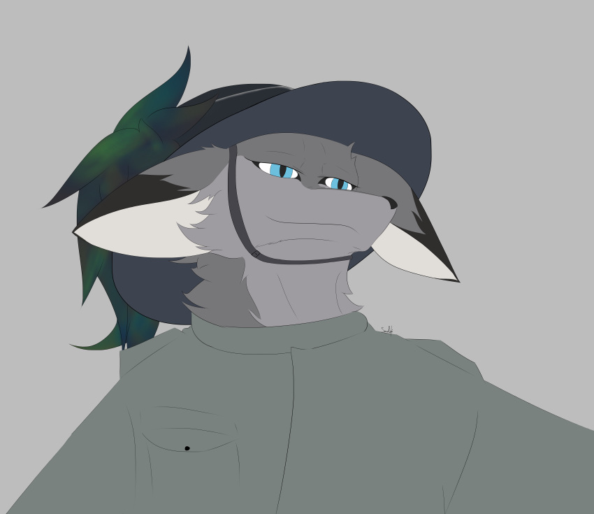 absurd_res anthro bersaglieri bersaglieri_hat canid canine clothed clothing feathers fox fur grey_body hat hat_feather headgear headwear hi_res loose_feather male mammal military_hat military_uniform savo simple_background smile solo uniform