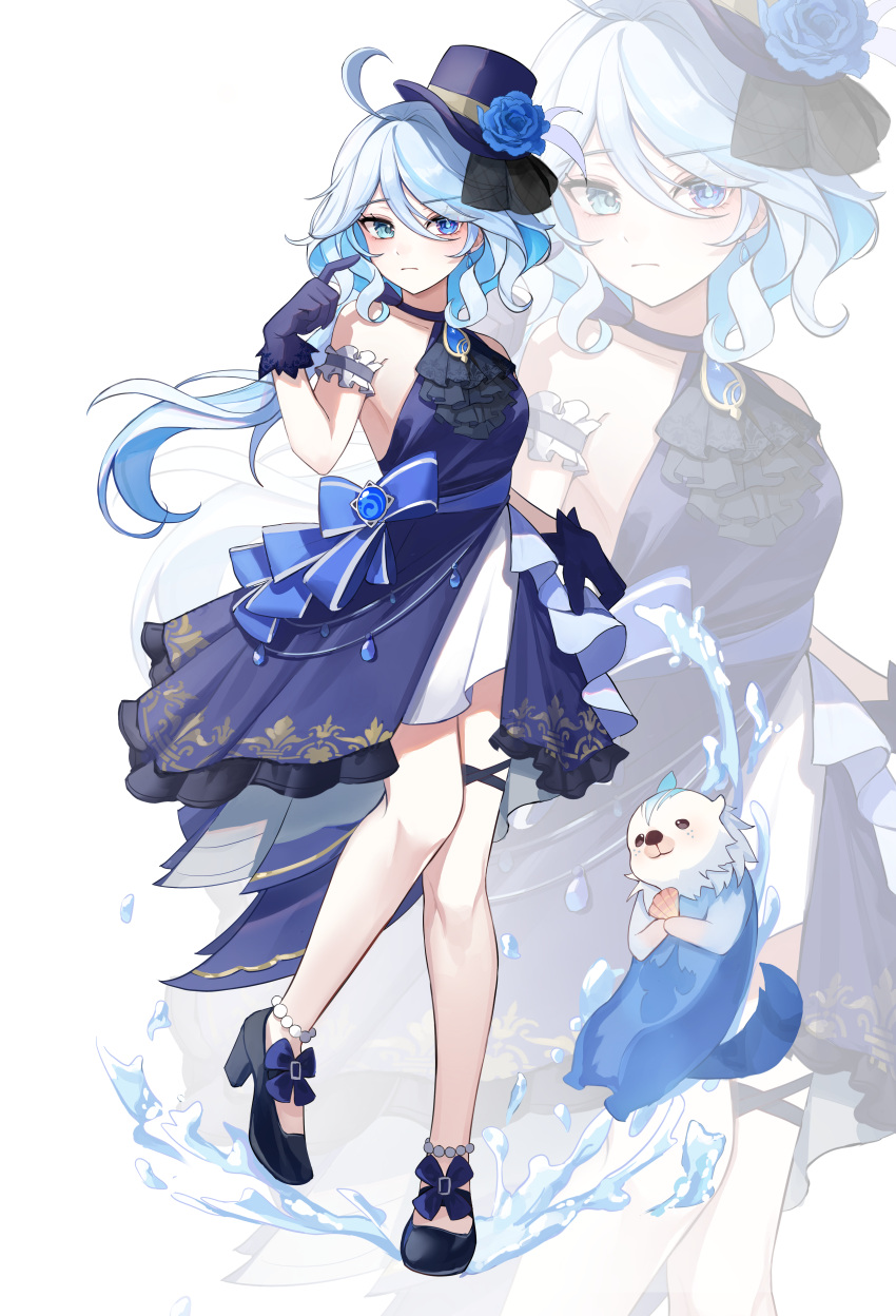 1girl absurdres ascot black_ascot black_gloves blue_eyes blue_gemstone blue_hair blue_headwear commentary cowlick dress drop-shaped_pupils furina_(genshin_impact) gem genshin_impact gloves hat heterochromia highres hydro_symbol_(genshin_impact) leisurely_otter_(genshin_impact) light_blue_hair mismatched_pupils otter solo top_hat vision_(genshin_impact) youwon0417