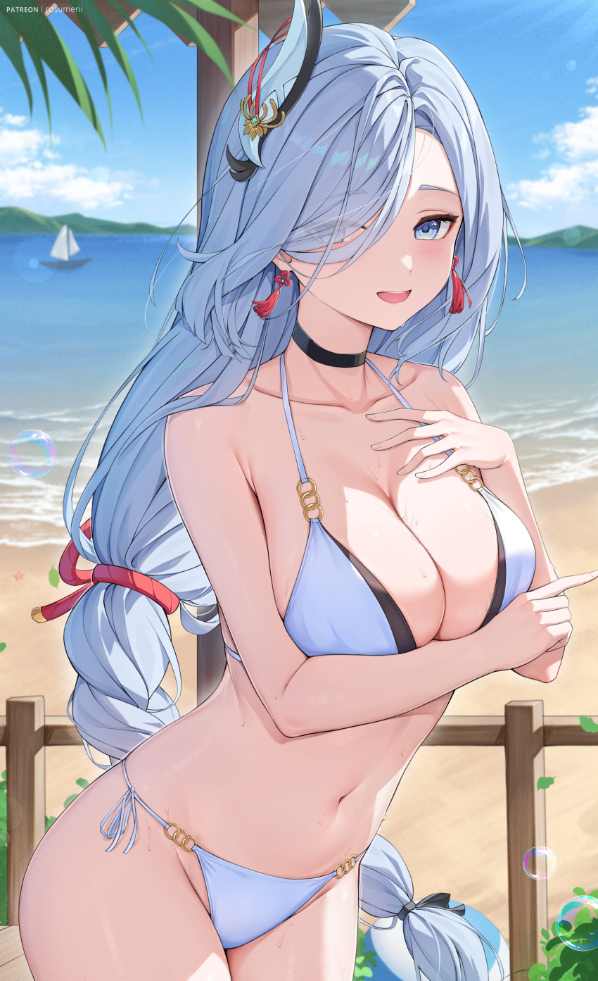 1girl absurdres beach bikini blue_eyes blush braid braided_ponytail breasts cleavage collarbone day genshin_impact hair_ornament hair_over_one_eye highres large_breasts long_hair looking_at_viewer navel ocean outdoors rosumerii shenhe_(genshin_impact) smile solo stomach swimsuit tassel white_bikini