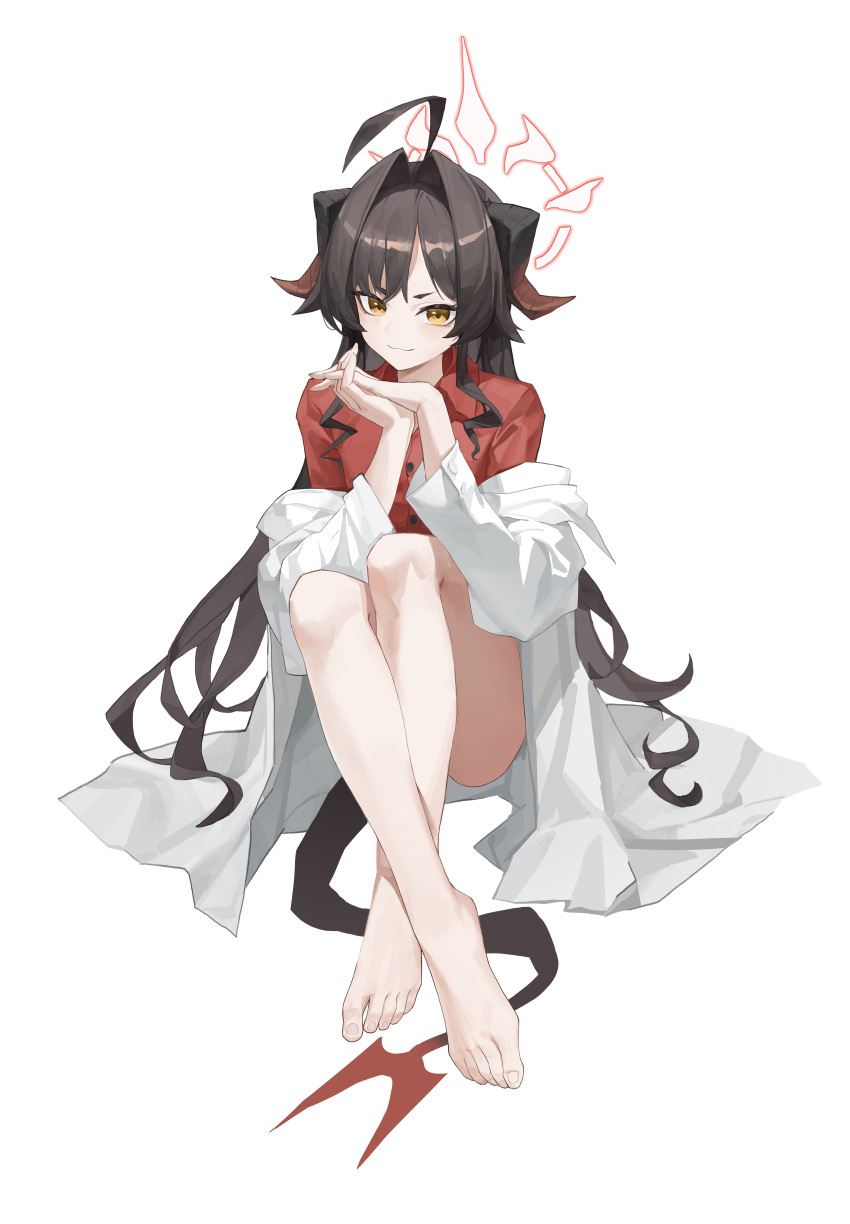 1girl absurdres ahoge barefoot black_hair black_horns blue_archive chinese_commentary closed_mouth collared_shirt commentary_request demon_tail fanshuimucishen full_body hair_intakes halo highres horns jacket kasumi_(blue_archive) legs long_hair long_sleeves looking_at_viewer off_shoulder own_hands_together pink_halo red_shirt shirt simple_background sitting smile solo tail white_background white_jacket yellow_eyes