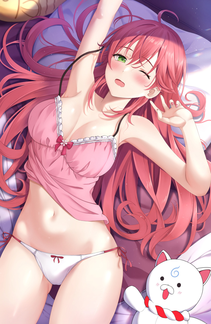 1girl absurdres arm_up armpits bed_sheet bow bow_panties breasts camisole commentary_request fingernails from_above green_eyes hair_between_eyes highres hololive kintoki_(sakura_miko) large_breasts long_hair looking_at_viewer lying nail_polish navel on_back one_eye_closed open_mouth panties pillow pink_camisole pink_hair pink_nails sakura_miko shinigami_kiraki side-tie_panties sleepwear spaghetti_strap stretching underwear virtual_youtuber waking_up wavy_mouth white_panties