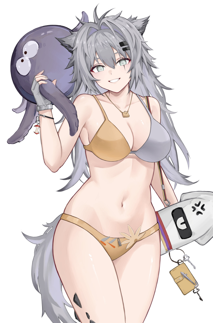 1girl absurdres animal_ears arknights bare_arms bare_shoulders bikini breasts commentary_request cowboy_shot grey_eyes grey_hair grin hair_intakes hair_ornament hairclip highres holding lappland_(arknights) large_breasts long_hair looking_at_viewer navel oripathy_lesion_(arknights) rain_(rain8649) scar scar_across_eye smile solo standing stomach swimsuit tail thighs two-tone_bikini very_long_hair wolf_ears wolf_tail