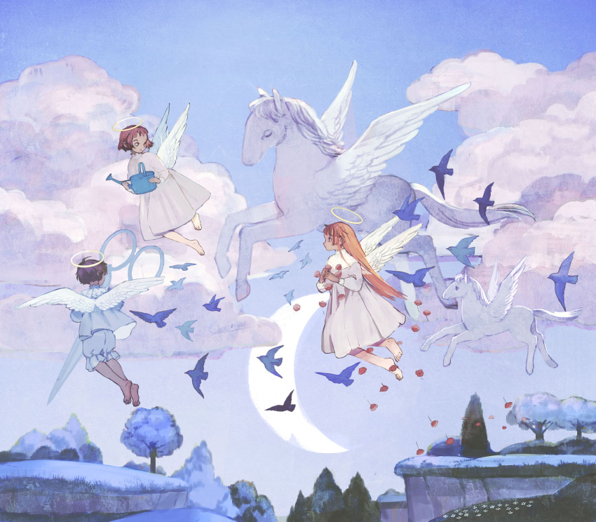 1boy 2girls ahoge angel angel_wings barefoot bird blue_bird blue_pajamas blue_sky blue_theme closed_mouth cloud collared_dress crescent_moon dress english_commentary falling_flower flower flying foal from_behind from_side grass halo highres hill holding holding_scissors holding_watering_can long_hair looking_at_another looking_back looking_down moon multiple_girls original outdoors pajamas pegasus pine_tree pink_bird pink_dress red_flower red_hair scissors short_bangs short_hair sky sleeve_cuffs tono_(rt0no) tree watering_can white_flower wings