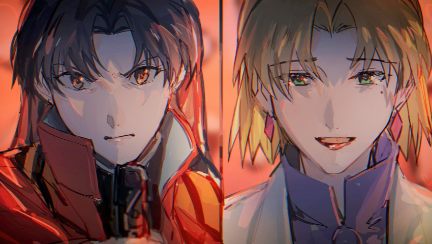 2girls aiming akagi_ritsuko angry biiko_(king1015g) blonde_hair earrings green_eyes gun handgun highres holding holding_gun holding_weapon jacket jewelry katsuragi_misato lab_coat long_hair looking_at_viewer mole mole_under_eye multiple_girls neon_genesis_evangelion open_mouth purple_hair rebuild_of_evangelion short_hair weapon