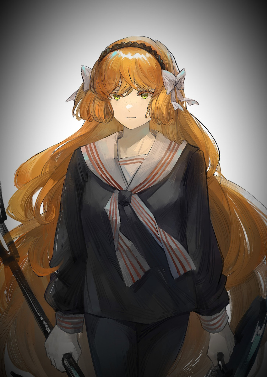 1girl black_pants black_shirt bow closed_mouth green_eyes hair_bow highres holding holding_mace holding_shield ishmael_(project_moon) limbus_company long_hair long_sleeves looking_at_viewer neckerchief orange_hair pants project_moon s661479361148 sailor_collar shield shirt solo very_long_hair white_bow white_neckerchief white_sailor_collar