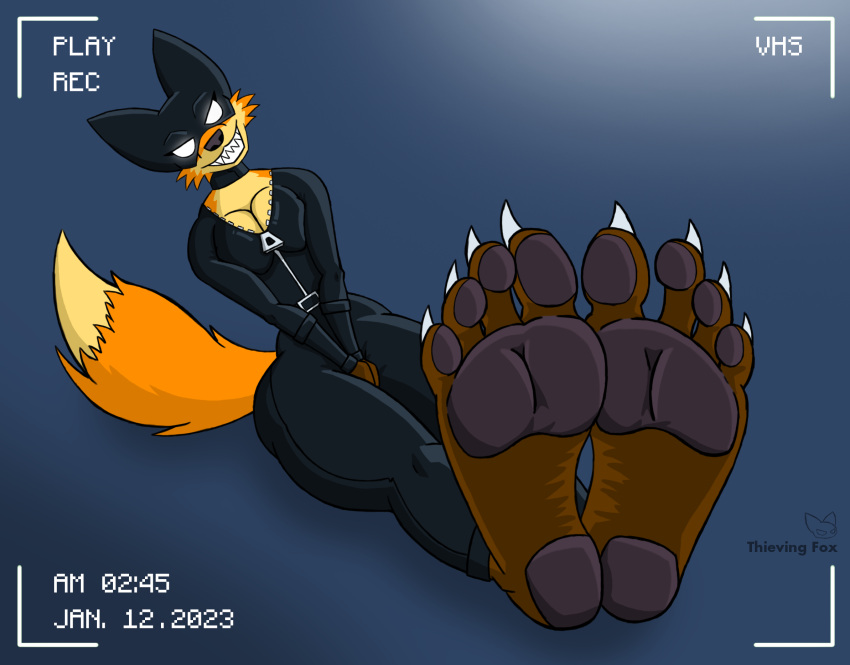 4_toes anthro big_breasts big_feet breasts camera_view canid canine claws cleavage clothed clothing cowl feet female foot_fetish foot_focus fox foxanne grin gynomorph hi_res hindpaw intersex mammal paws smile solo thick_thighs thief thieving_fox thieving_fox_(artist) toes trans_(lore) zipper_down