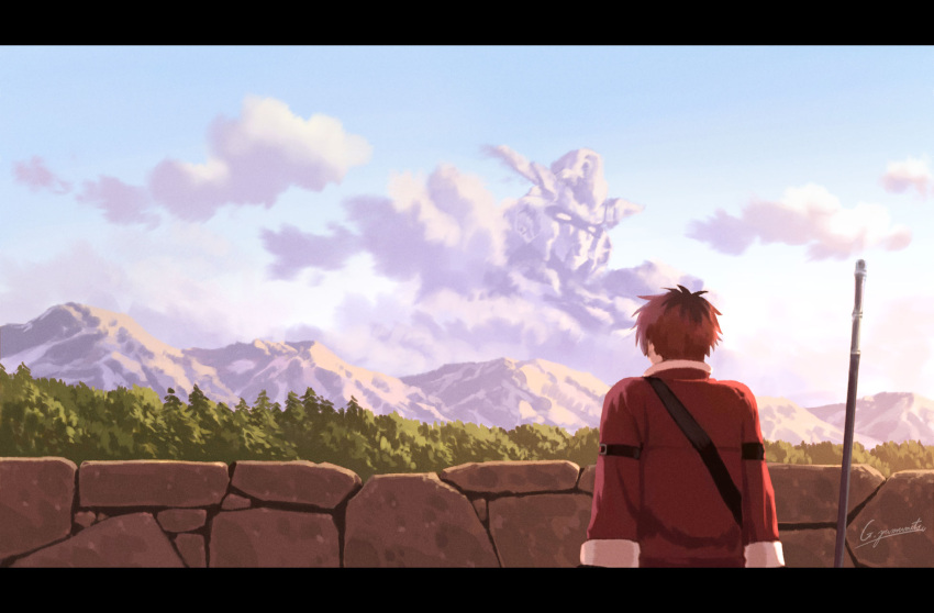 1boy black_hair blue_sky cloud commentary_request core_gundam day facing_away from_behind g.yamamoto gundam gundam_build_divers gundam_build_divers_re:rise highres jacket letterboxed long_sleeves male_focus mountainous_horizon multicolored_hair outdoors red_hair red_jacket short_hair signature sitting sky solo sousou_no_frieren stark_(sousou_no_frieren) tree two-tone_hair v-fin