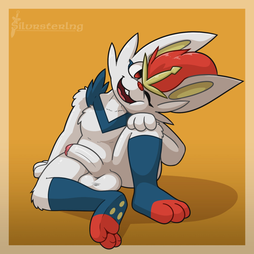 anthro balls cinderace generation_8_pokemon genitals hi_res male nintendo nude penis pokemon pokemon_(species) silvrsterlng simple_background sitting smile solo