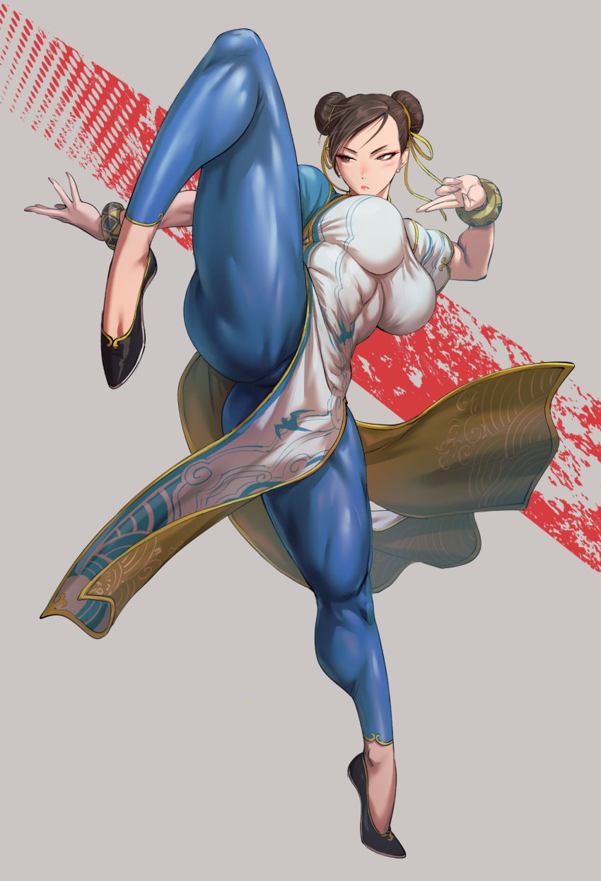 1girl bracelet breasts brown_eyes brown_hair china_dress chinese_clothes chun-li double_bun dress earrings fighting_stance fujii_eishun hair_bun hair_pulled_back highres jewelry large_breasts muscular muscular_female pelvic_curtain puffy_short_sleeves puffy_sleeves short_hair short_sleeves solo street_fighter street_fighter_6 thick_thighs thighs