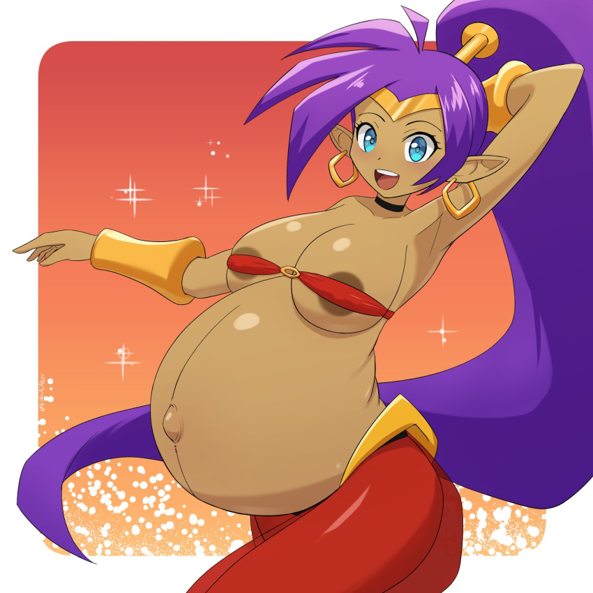 2023 areola areola_slip blue_eyes breasts brown_body brown_skin clothing ear_piercing ear_ring female genie hair hi_res humanoid humanoid_pointy_ears kakuajialter long_hair not_furry open_mouth open_smile piercing ponytail pregnant purple_hair ring_piercing shantae shantae_(series) simple_background smile solo wayforward