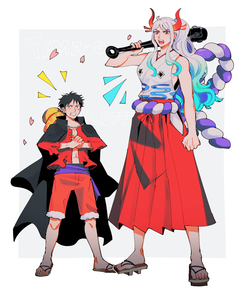 1boy 1girl absurdres black_cape black_hair blue_hair cape clenched_hand clenched_teeth club_(weapon) collared_cape earrings english_commentary falling_petals full_body hair_ornament hakama hat highres holding holding_weapon horns japanese_clothes jewelry kanabou kimono looking_to_the_side monkey_d._luffy multicolored_hair one_piece open_clothes open_shirt oratoza petals ponytail purple_sash red_hakama red_horns red_shirt red_shorts rope sash scar scar_on_face shimenawa shirt shorts sidelocks simple_background slippers straw_hat teeth weapon white_hair yamato_(one_piece)