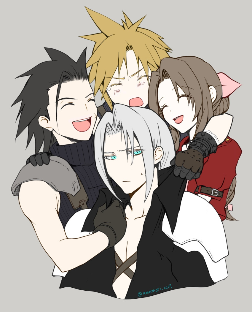 1girl 3boys aerith_gainsborough amemori_0207 aqua_eyes arm_around_neck armor black_hair black_jacket blonde_hair blush braid braided_ponytail brown_hair chest_strap closed_eyes closed_mouth cloud_strife cropped_torso crying final_fantasy final_fantasy_vii final_fantasy_vii_remake grey_background grey_hair group_hug hair_slicked_back hand_on_another's_shoulder highres hug jacket long_hair multiple_boys open_mouth pale_skin parted_bangs pink_ribbon red_jacket ribbon sephiroth short_hair short_sleeves shoulder_armor sidelocks sleeveless sleeveless_turtleneck smile spiked_hair sweatdrop tears turtleneck twitter_username upper_body zack_fair