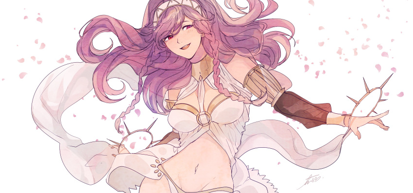 1girl absurdres braid breasts dancer dancing fire_emblem fire_emblem_awakening hairband highres kazuha_(kazuha1003) long_hair medium_breasts midriff navel o-ring o-ring_top olivia_(fire_emblem) open_mouth panties petals pink_eyes pink_hair see-through smile solo twin_braids underwear veil white_background white_panties