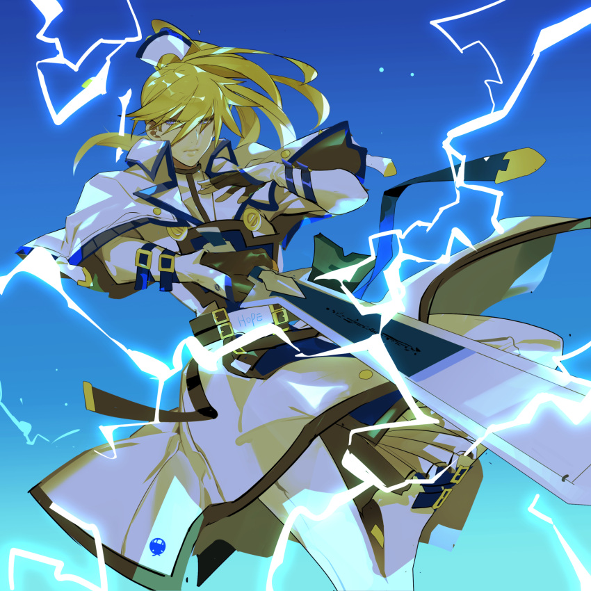 1boy aqua_eyes black_gloves blonde_hair blue_eyes fingerless_gloves gloves guilty_gear guilty_gear_strive hair_between_eyes highres holding holding_sword holding_weapon kai_(aryp3737) ky_kiske lightning long_hair long_sleeves looking_at_viewer magnolia_eclair_ii male_focus sword tail tail_ornament weapon