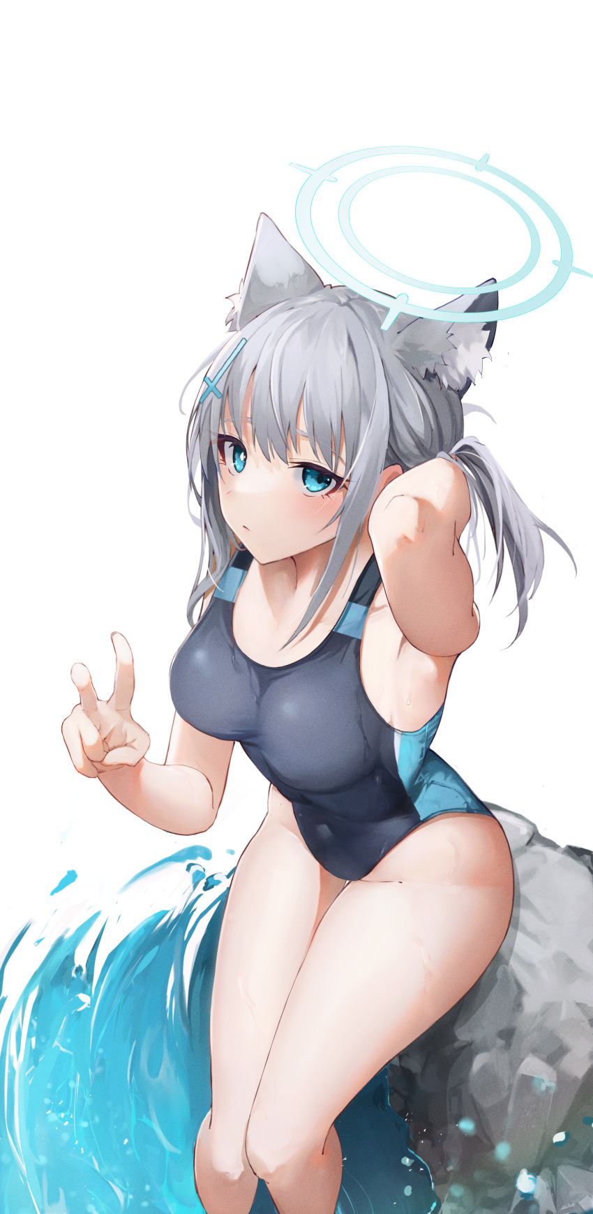 1girl absurdres adjusting_hair animal_ear_fluff animal_ears arm_up black_one-piece_swimsuit blue_archive blue_eyes blue_halo breasts closed_mouth commentary competition_swimsuit covered_navel cross cross_hair_ornament extra_ears grey_hair hair_ornament halo highres inverted_cross large_breasts long_hair looking_at_viewer low_ponytail megu_(pixiv9460065) mismatched_pupils multicolored_clothes multicolored_swimsuit official_alternate_costume one-piece_swimsuit shiroko_(blue_archive) shiroko_(swimsuit)_(blue_archive) simple_background sitting solo swimsuit thighs two-tone_swimsuit v white_background wolf_ears