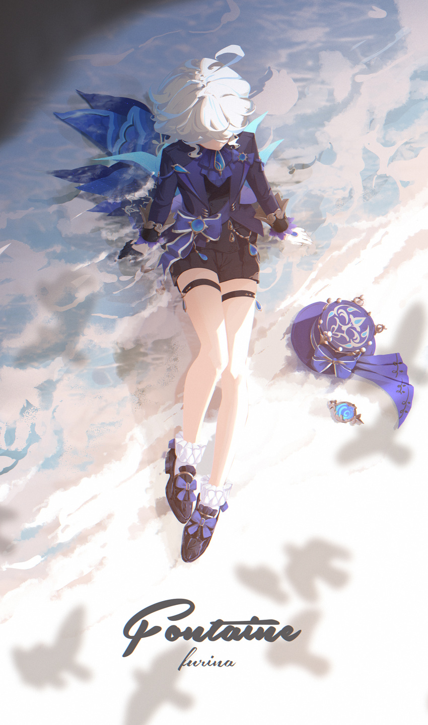 1girl absurdres ahoge arm_support ascot black_footwear black_shorts blue_ascot blue_sleeves character_name english_text furina_(genshin_impact) genshin_impact hat highres legs long_sleeves looking_at_object shorts sin. sitting socks solo thigh_strap white_hair white_socks