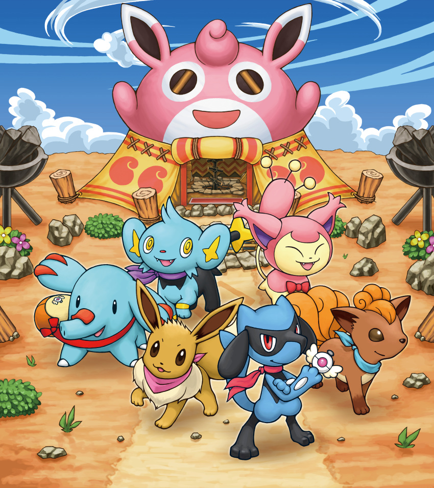 absurdres badge bag blue_sky bow bowtie cloud coal eevee flower highres ladder no_humans official_art phanpy plant pokemon pokemon_(creature) pokemon_mystery_dungeon pokemon_mystery_dungeon:_explorers_of_time/darkness/sky promotional_art riolu scarf shinx skitty sky tent vulpix wigglytuff