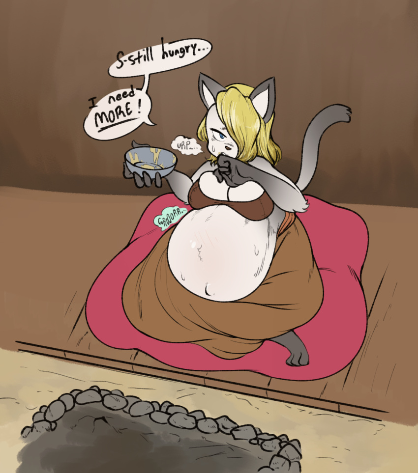 belly bethesda_softworks big_belly big_breasts blonde_hair breasts burping clothed clothing dialogue domestic_cat eating english_text expansion fan_character feederism felid feline felis food fur grey_body grey_fur hair hi_res khajiit mammal navel onomatopoeia organs pregnant ra'si rasi sinfullapis sitting sound_effects stomach stuffing tes text the_elder_scrolls white_body white_fur