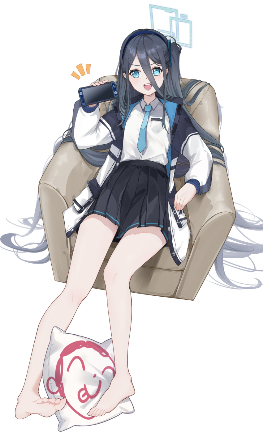1girl absurdres aris_(blue_archive) arona's_sensei_doodle_(blue_archive) barefoot black_hair black_hairband black_skirt blue_archive blue_eyes blue_halo blue_necktie collared_shirt commentary_request couch full_body hair_between_eyes hairband halo handheld_game_console highres holding holding_handheld_game_console jacket long_bangs long_hair long_sleeves looking_at_viewer necktie ni_de_pengyou notice_lines on_couch open_clothes open_jacket open_mouth pleated_skirt school_uniform sensei_(blue_archive) shirt shirt_tucked_in side_ponytail simple_background sitting skirt smile solo very_long_hair white_background white_jacket white_shirt