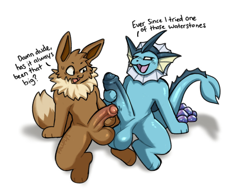 2023 absurd_res anthro anthro_on_anthro ball_size_difference balls big_balls big_penis blush bodily_fluids comparing comparing_penis dialogue duo eevee eeveelution english_text erection evolutionary_stone fallflys fin foreskin fur generation_1_pokemon genitals hi_res humanoid_genitalia humanoid_penis male male/male nintendo nude open_mouth open_smile penis penis_size_difference pokemon pokemon_(species) pokemorph shadow simple_background sitting smile smug sweat sweatdrop text tuft vaporeon water_stone white_background