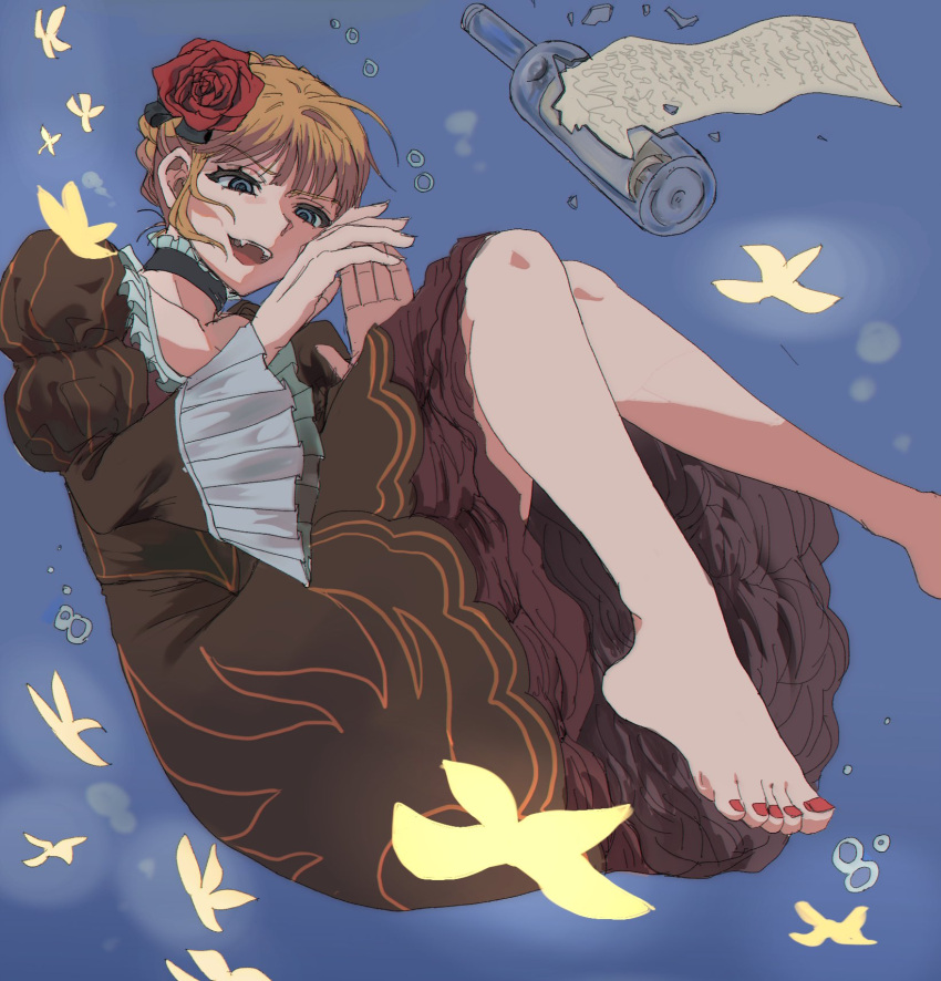 1girl air_bubble bare_legs barefoot beatrice_(umineko) blonde_hair blue_eyes bottle broken_glass bubble bug butterfly choker dress fangs feet flower frills glass hair_flower hair_ornament highres juliet_sleeves legs letter long_sleeves puffy_sleeves red_nails rose rxnal0 solo teeth umineko_no_naku_koro_ni underwater upper_teeth_only yellow_butterfly