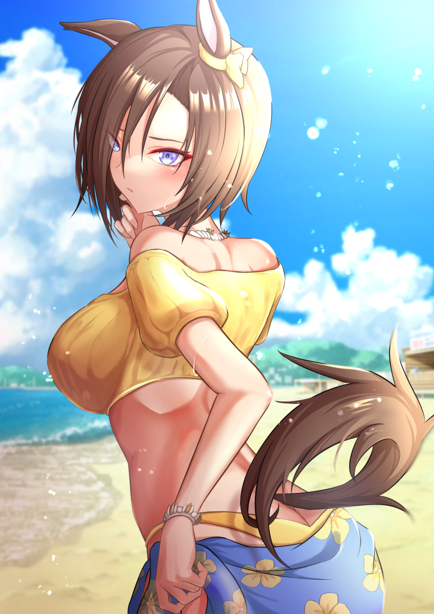 1girl absurdres air_groove_(umamusume) alternate_costume animal_ears beach bikini blue_sky blush bracelet breasts brown_hair butt_crack cloud cloudy_sky commentary_request ear_ornament eve_on_k highres horse_ears horse_girl horse_tail jewelry looking_at_viewer looking_back nape necklace ocean off-shoulder_shirt off_shoulder outdoors puffy_short_sleeves puffy_sleeves purple_eyes sand shirt short_hair short_sleeves sky solo swimsuit tail umamusume water yellow_bikini yellow_shirt