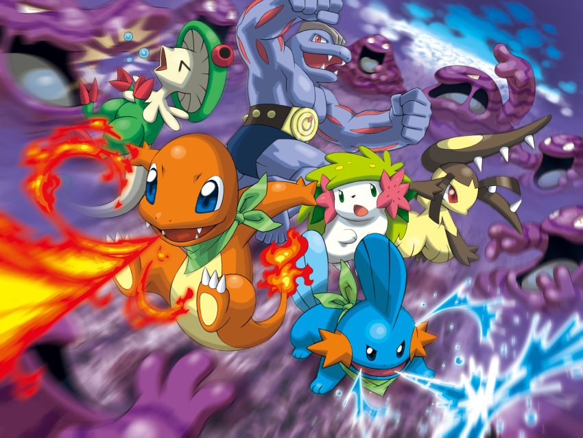 above_clouds absurdres breathing_fire breloom bubble charmander cloud fighting fire grimer highres machoke mawile motion_blur mudkip muk no_humans official_art pokemon pokemon_(creature) pokemon_mystery_dungeon pokemon_mystery_dungeon:_explorers_of_time/darkness/sky promotional_art scarf shaymin splashing water
