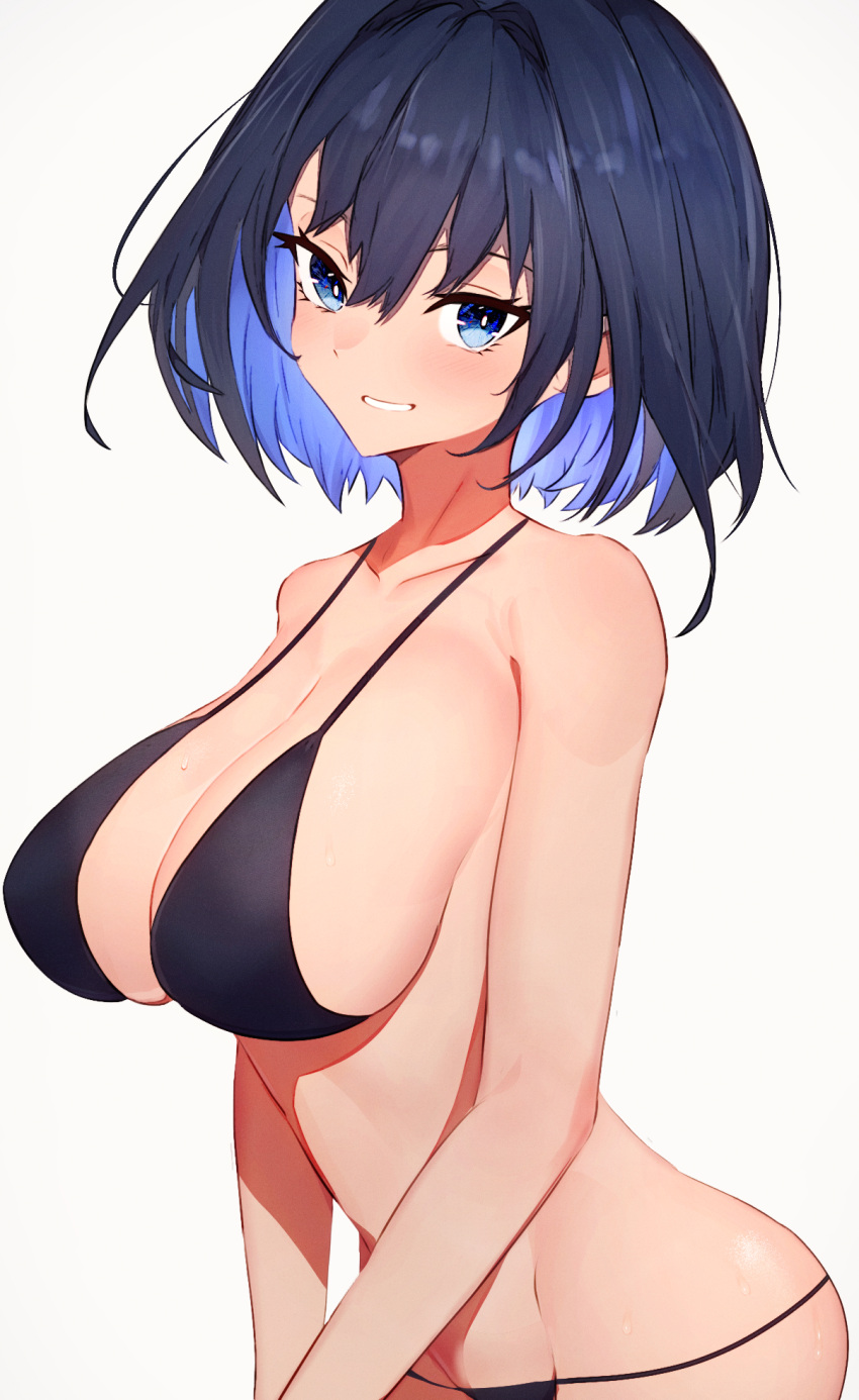 1girl bikini black_bikini blue_eyes blue_hair blush breasts collarbone commentary getto grin hair_between_eyes hair_intakes highres hololive hololive_english large_breasts looking_at_viewer ouro_kronii short_hair sideboob simple_background smile solo standing swimsuit symbol-only_commentary teeth virtual_youtuber white_background