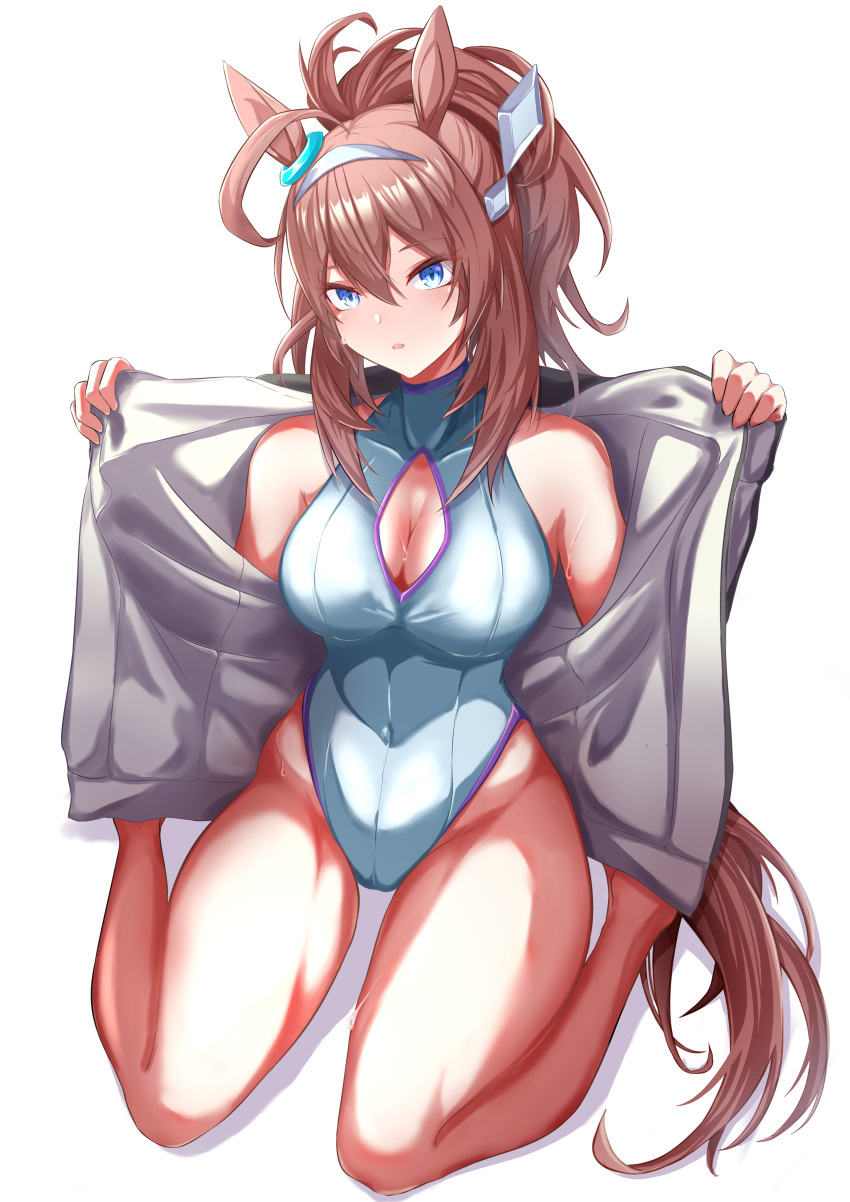 1girl absurdres adapted_costume animal_ears blue_eyes breasts brown_hair casual_one-piece_swimsuit cleavage cleavage_cutout clothing_cutout commentary_request eve_on_k full_body hairband highres horse_ears horse_girl horse_tail jacket large_breasts long_hair looking_at_viewer mihono_bourbon_(umamusume) one-piece_swimsuit open_clothes open_jacket ponytail simple_background sitting solo swimsuit tail umamusume wariza white_background white_jacket white_one-piece_swimsuit