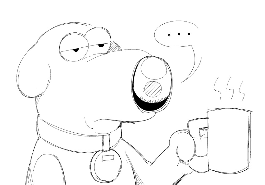 anthro black_and_white brian_griffin canid canine canis collar collar_only domestic_dog ellipsis family_guy floppy_ears gramgastronomy hi_res holding_mug holding_object male mammal monochrome mouth_closed mug nude simple_background snout solo speech_bubble unimpressed white_background