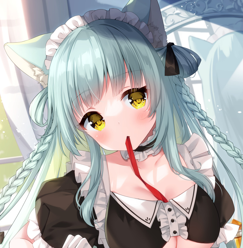 1girl absurdres animal_ear_fluff animal_ears apron black_choker black_ribbon blunt_bangs blush braid breasts choker cleavage close-up commentary_request day eyelashes frilled_apron frilled_choker frilled_sleeves frills green_hair hair_ribbon head_tilt highres indoors irori light_rays long_hair looking_at_viewer maid maid_apron maid_headdress medium_breasts mouth_hold original puffy_short_sleeves puffy_sleeves red_ribbon ribbon ribbon_in_mouth short_sleeves sidelighting simple_background solo sunbeam sunlight twin_braids two_side_up white_apron yellow_eyes