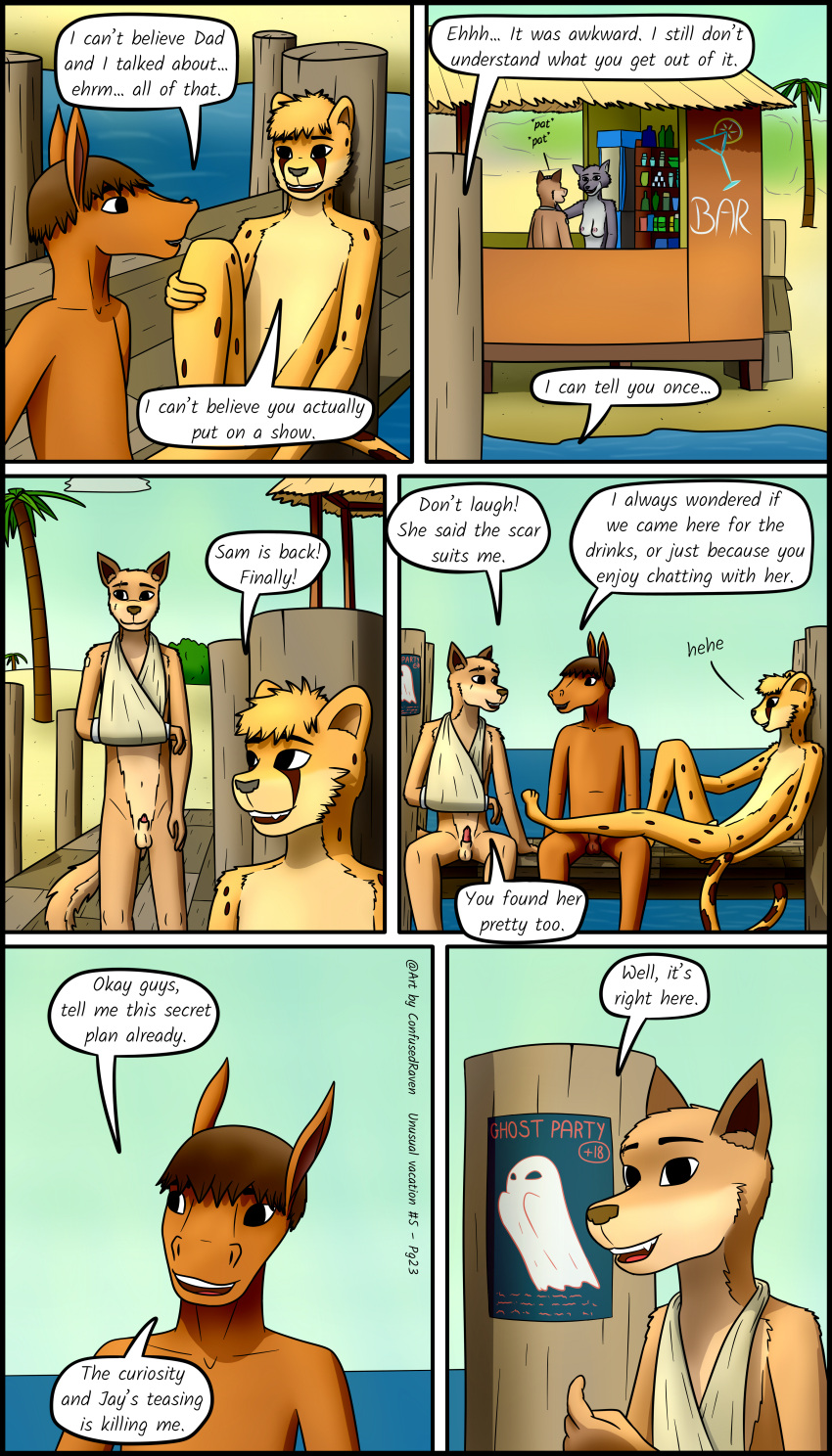 absurd_res anthro bar beach canid canine canis casual_nudity cheetah comic confusedraven dialogue domestic_dog equid equine felid feline female friends genitals group half-erect hi_res horse male mammal nude nudist penis penis_tip sea seaside teenager water young