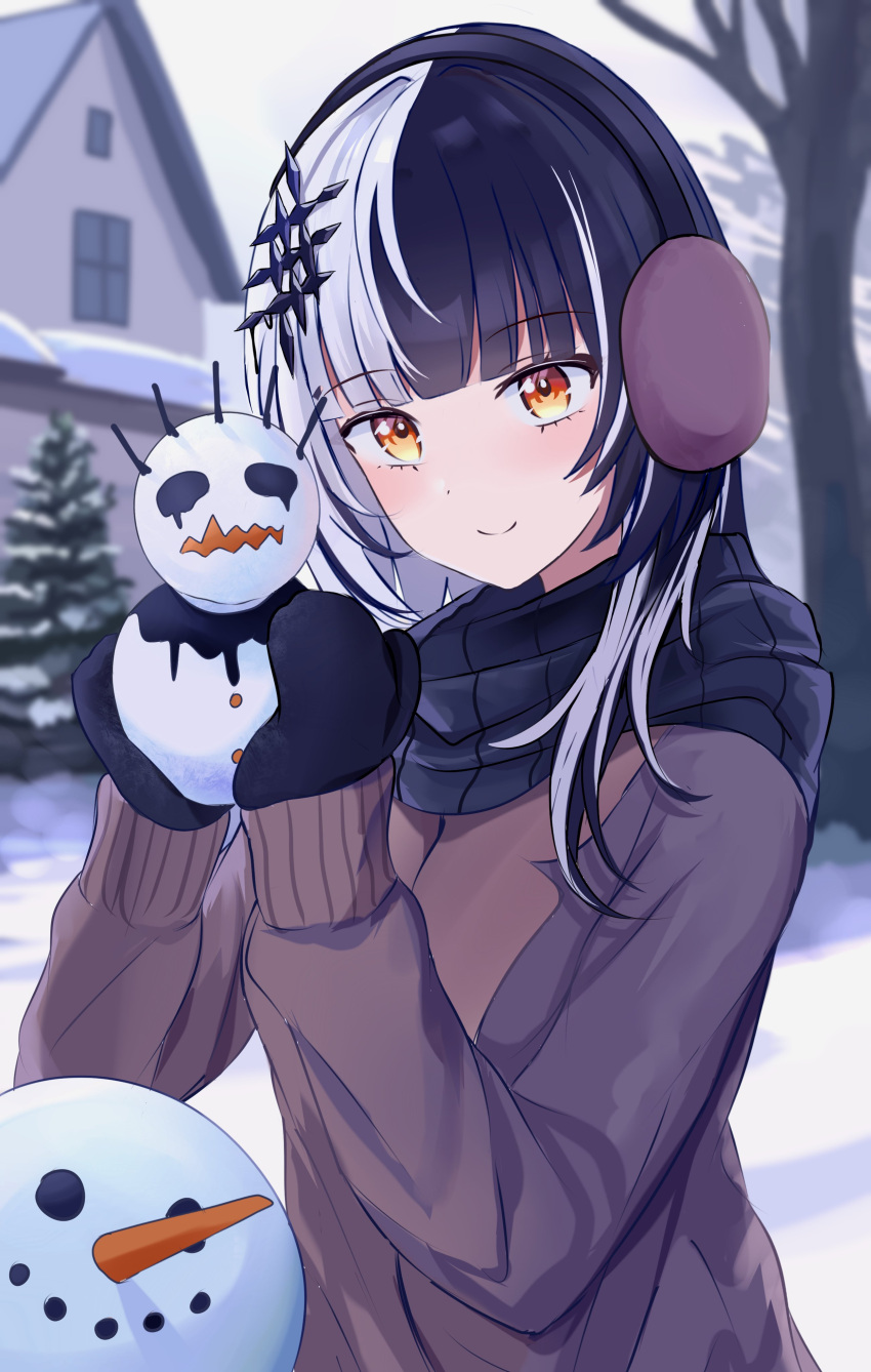 1girl absurdres black_hair black_mittens black_scarf brown_jacket closed_mouth commentary dot_nose earmuffs english_commentary grey_hair hair_ornament highres holding hololive hololive_english house jacket karu_(karusenpai) light_blush long_hair long_sleeves looking_at_viewer mittens multicolored_hair outdoors scarf shiori_novella smile snow snowman solo split-color_hair split_mouth tree two-tone_hair upper_body virtual_youtuber yellow_eyes yorick_(shiori_novella)