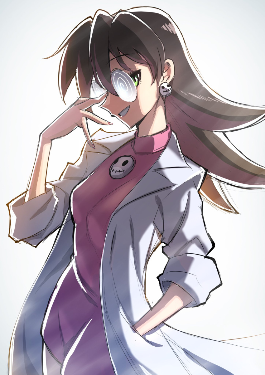 1girl adjusting_eyewear brown_hair coat coke-bottle_glasses dress fingernails glasses green_eyes grin hand_in_pocket highres lab_coat long_hair looking_at_viewer mega_man_(series) mega_man_legends official_alternate_costume open_clothes open_coat pink_dress pocket profile rog_rockbe round_eyewear simple_background sleeves_rolled_up smile solo the_misadventures_of_tron_bonne tron_bonne_(mega_man) white_background white_coat