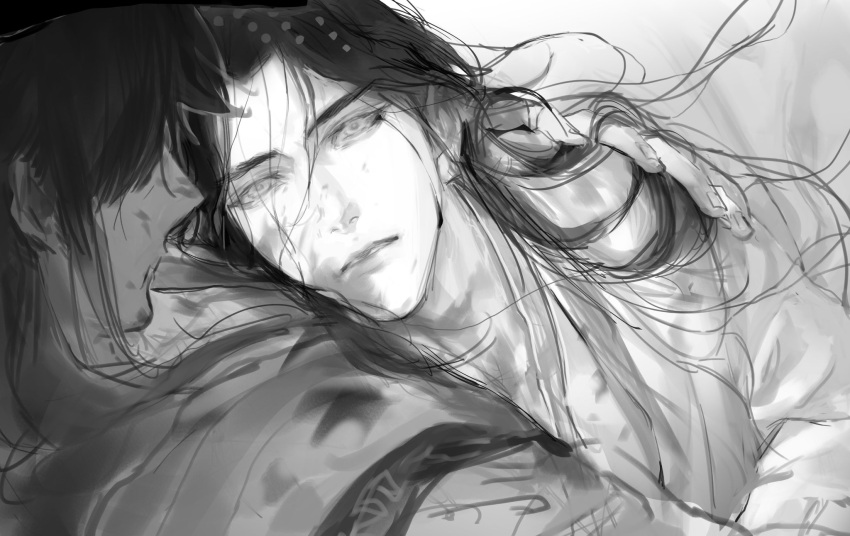 2boys arm_around_neck blood blood_on_clothes character_request chinese_clothes chinese_commentary commentary_request erha_he_tadebai_mao_shizun fingernails greyscale hair_over_shoulder hand_on_another's_shoulder hanfu head_on_chest highres hug kami_off_record long_hair long_sleeves looking_at_another male_focus monochrome multiple_boys parted_lips pectoral_cleavage pectorals upper_body yaoi