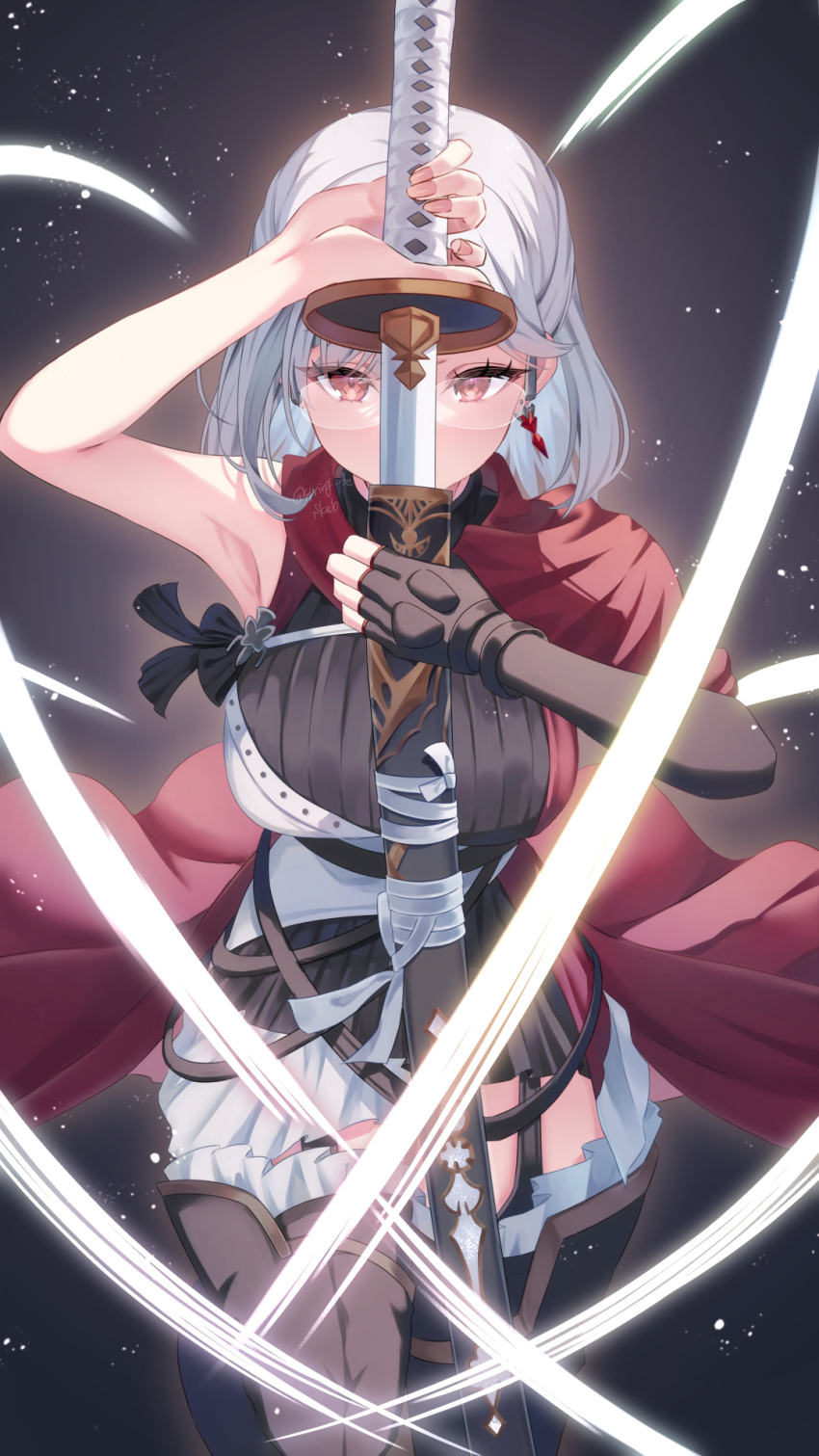 1girl boots breasts drawing_sword earrings final_fantasy final_fantasy_xiv fingerless_gloves glasses gloves grey_hair highres holding holding_sword holding_weapon hyur jewelry katana khr_39 large_breasts looking_at_viewer medium_hair red_eyes samurai_(final_fantasy) semi-rimless_eyewear single_fingerless_glove solo sword thigh_boots warrior_of_light_(ff14) weapon