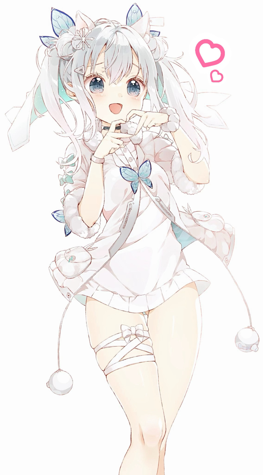 1girl animal_ear_fluff animal_ears ass_visible_through_thighs blue_eyes blush bug butterfly commentary_request double_bun fur-trimmed_jacket fur-trimmed_sleeves fur_trim goddess_of_victory:_nikke hair_between_eyes hair_bun hair_ornament heart heart_hands highres jacket looking_at_viewer manatsuki_manata n102_(miracle_fairy)_(nikke) n102_(nikke) open_mouth scrunchie short_sleeves simple_background skindentation solo triangle_hair_ornament white_background white_jacket white_scrunchie wrist_scrunchie