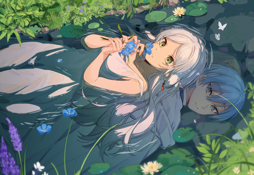 1boy 1girl absurdres afloat blue_eyes blue_hair bug butterfly closed_mouth different_reflection dress earrings flower frieren green_eyes highres himmel_(sousou_no_frieren) jewelry lily_pad long_hair lying on_back open_mouth partially_submerged petals pointy_ears reflection see-through see-through_dress smelling_flower smile solo sousou_no_frieren toga water_lily_flower white_hair xuya2333