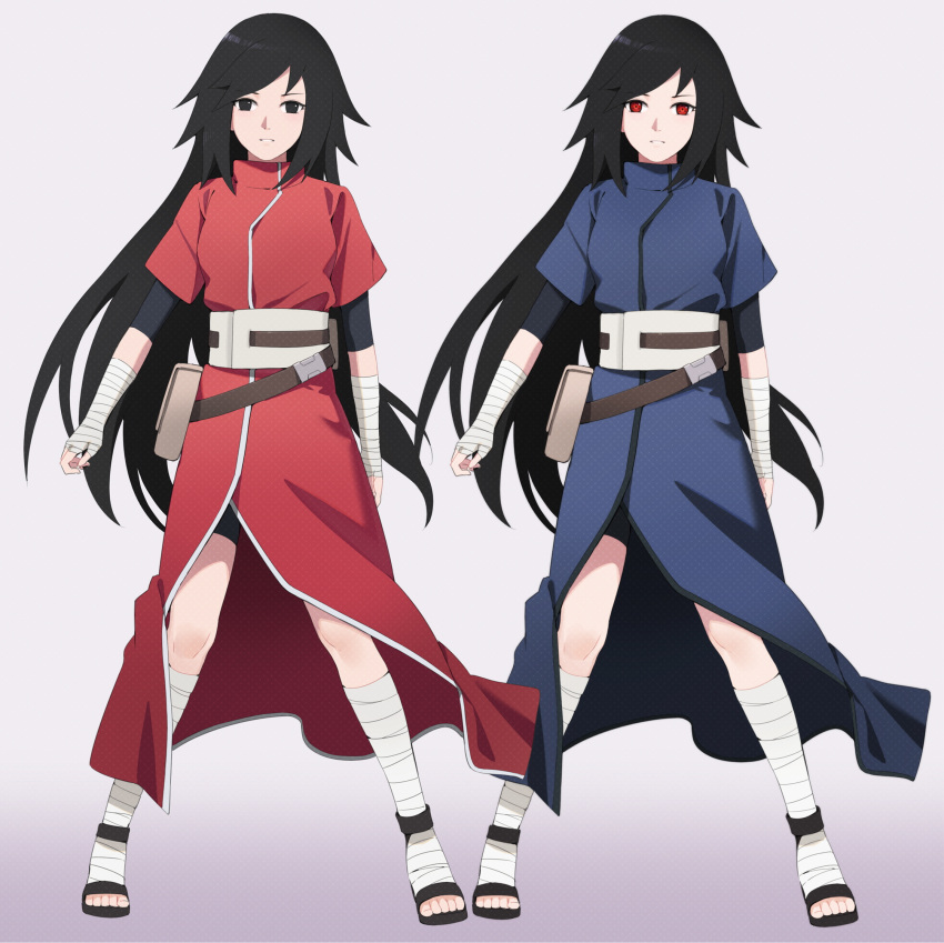 1girl alternate_color bandaged_arm bandaged_foot bandaged_leg bandages black_eyes black_hair black_shorts blue_robe boruto:_naruto_next_generations facing_viewer full_body highres long_hair looking_at_viewer naruto_(series) red_eyes red_robe robe sharingan shorts standing taro_(ultrataro) uchiha_nanashi