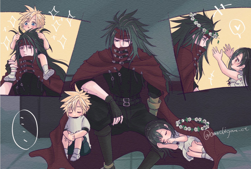 1girl 2boys aged_down arms_up belt black_hair black_jacket black_pants blonde_hair blue_eyes blush cape carrying child cloak cloud_strife commentary_request covering_mouth dress elbow_rest final_fantasy final_fantasy_vii final_fantasy_vii_remake fingerless_gloves gauntlets gloves head_wreath headband heart jacket knee_up knees_up long_hair looking_at_another lying multiple_belts multiple_boys omochigame_ct on_side pants profile red_cape red_cloak red_eyes red_headband shirt shorts shoulder_carry single_gauntlet single_glove sitting sleeping socks sparkle spiked_hair spoken_heart swept_bangs t-shirt tifa_lockhart twitter_username vincent_valentine white_dress white_shirt white_socks