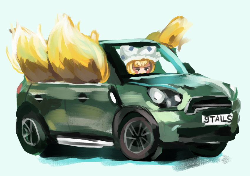 1girl animal_ears blonde_hair blush_stickers car commentary commission driving english_commentary fox_tail hat highres jitome mini_cooper_countryman mob_cap molly_yancey motor_vehicle multiple_tails painterly short_hair simple_background sketch solo tail too_much_fluff touhou white_background yakumo_ran |_|