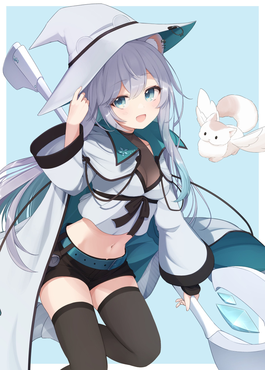 1girl :d absurdres animal_ear_fluff animal_ear_piercing animal_ears aone_ioru aqua_belt aqua_coat aqua_eyes aqua_hair aqua_headwear basa_rutan belt belt_buckle black_ribbon black_shorts black_thighhighs blue_background bodystocking breasts buckle cleavage coat collarbone collared_coat colored_inner_hair commentary_request commission contrapposto creature crop_top crop_top_overhang cropped_shirt crystal eyes_visible_through_hair foot_out_of_frame gradient_hair grey_coat grey_hair grey_headwear hamster_ears hamster_girl hand_on_headwear hand_up hat highres holding holding_staff indie_virtual_youtuber knee_up light_blush long_hair long_sleeves looking_at_viewer medium_breasts midriff multicolored_hair navel open_clothes open_coat open_mouth puffy_long_sleeves puffy_sleeves ribbon second-party_source see-through see-through_cleavage shirt short_shorts shorts simple_background skeb_commission smile solo staff standing standing_on_one_leg thighhighs two-sided_coat two-sided_fabric two-sided_headwear virtual_youtuber white_shirt witch_hat