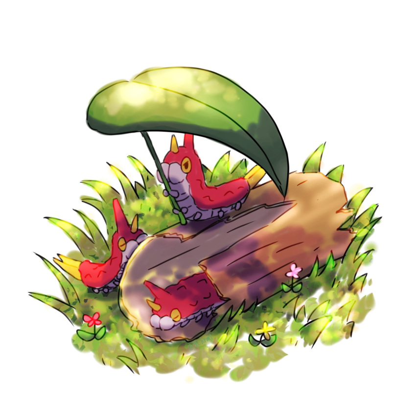 animal_focus caterpillar closed_eyes colored_skin commentary_request flower grass highres holding holding_leaf leaf log no_humans on_grass pokemon pokemon_(creature) red_skin sleeping v-shaped_eyebrows white_background wood wurmple yu_(pocketsun636)