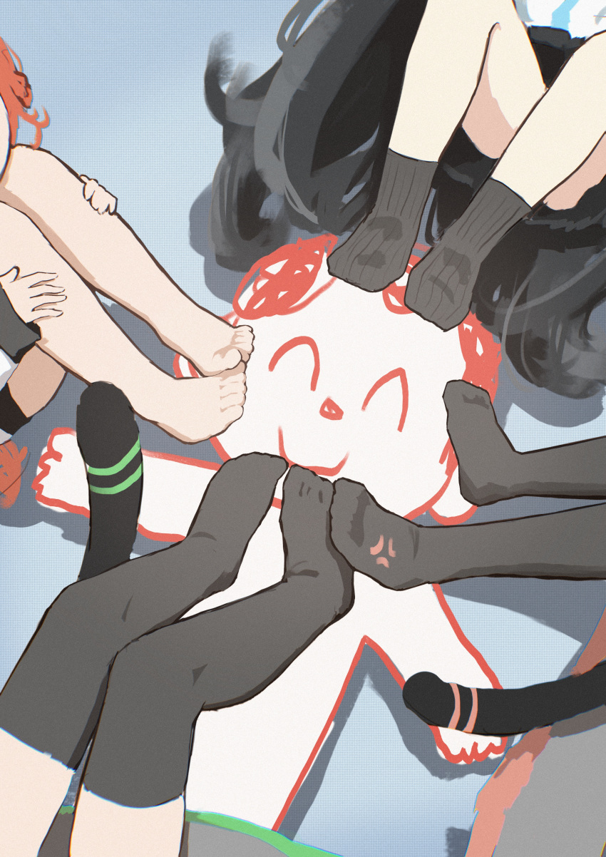 1boy 4girls absurdres anger_vein aris_(blue_archive) arona's_sensei_doodle_(blue_archive) bare_legs barefoot black_hair black_socks black_tail black_thighhighs blue_archive blue_background chack520 character_request check_character feet foot_on_another's_face hands_on_own_legs highres knees_up legs legs_together long_hair midori_(blue_archive) momoi_(blue_archive) multiple_girls no_shoes on_ground orange_hair out_of_frame ribbed_socks sensei_(blue_archive) short_hair sitting sleeves_past_wrists smile socks thighhighs toes very_long_hair yuzu_(blue_archive)