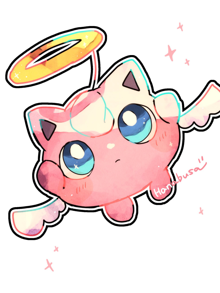 animal_focus artist_name blue_eyes closed_mouth colored_skin commentary_request fake_halo halo hanabusaoekaki highres jigglypuff no_humans pink_skin pokemon pokemon_(creature) simple_background sparkle white_background wings