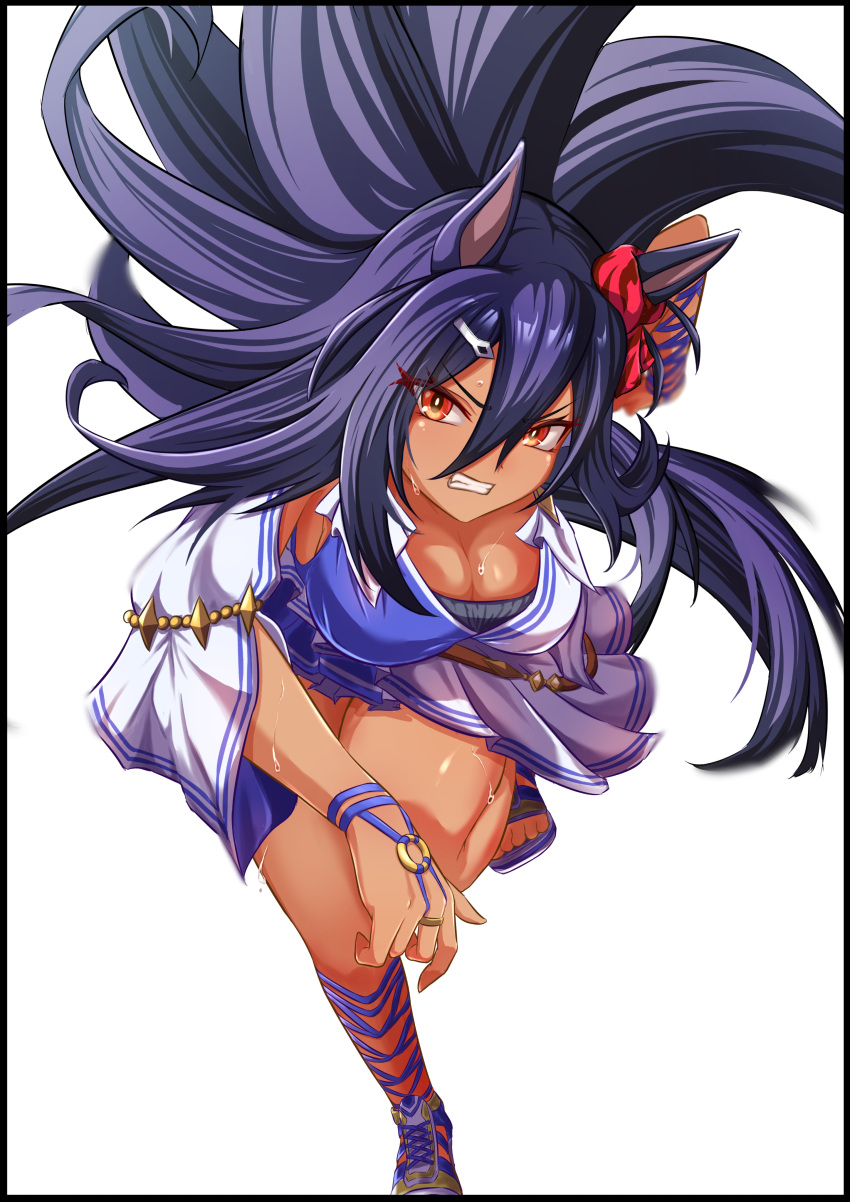 1girl absurdres animal_ears black_hair blue_footwear blue_shirt breasts cleavage clenched_teeth commentary_request dark-skinned_female dark_skin ear_ornament eve_on_k hair_between_eyes hair_ornament hairclip highres hishi_amazon_(umamusume) horse_ears horse_girl horse_tail large_breasts long_hair long_sleeves o-ring running sandals shirt simple_background skirt solo tail teeth two-tone_shirt umamusume v-shaped_eyebrows very_long_hair white_background white_shirt