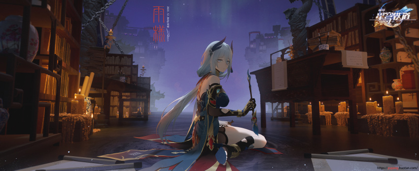 1girl absurdres ame999 bare_shoulders breasts candle chinese_clothes chinese_commentary hanya_(honkai:_star_rail) highres holding holding_paintbrush honkai:_star_rail honkai_(series) logo m_legs medium_breasts night on_floor outdoors paintbrush paper sitting solo white_hair